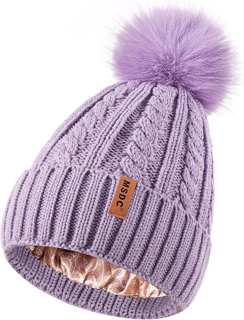MSDC Satin Lined Beanie for Women with Pom Pom, Warm Womens Winter Hats with Silk Lined, Fashionable Knit Beanie Skull Cap - Image 1